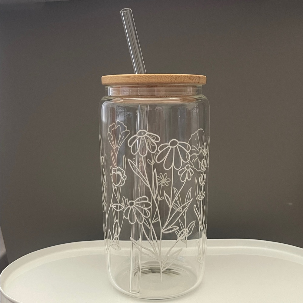 Floral Glass Tumbler with Bamboo Lid and Straw